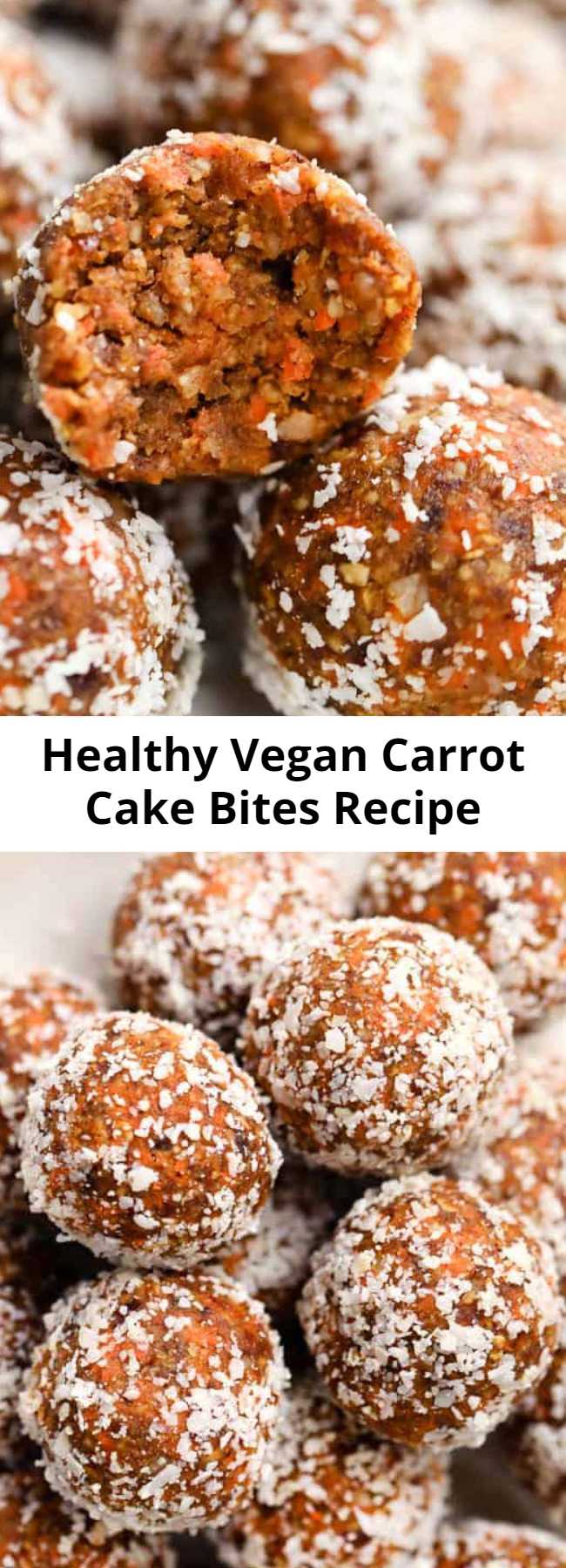 Healthy Vegan Carrot Cake Bites Recipe - These healthy carrot cake bites remind you of an indulgent slice of cake, but are actually good for you! They're vegan, no-bake and seriously delicious! #energybite #carrotcake #healthysnack