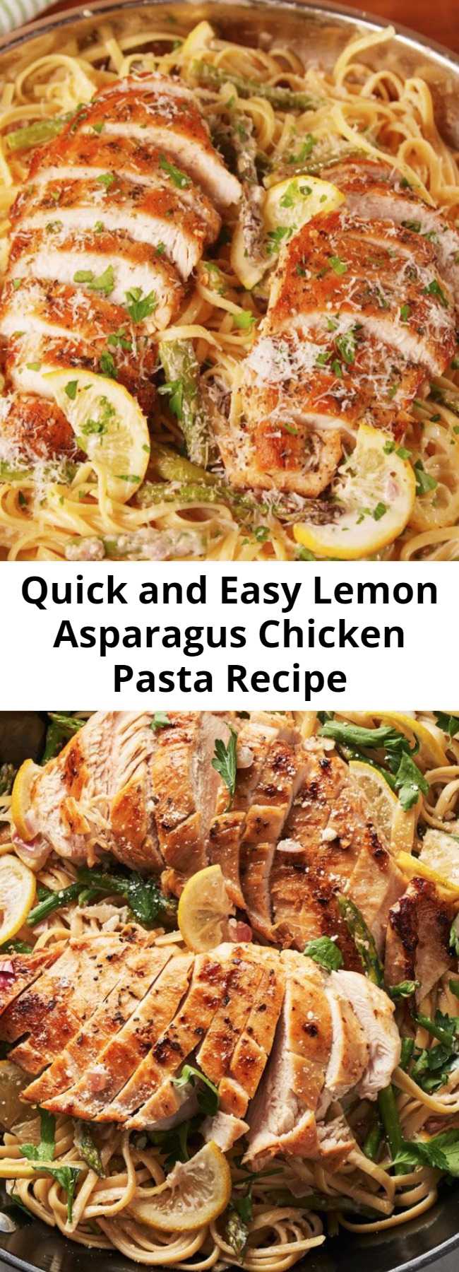 Quick and Easy Lemon Asparagus Chicken Pasta Recipe - This lemon asparagus chicken tastes like spring in the best of ways. #creamy #sauce #dinner #linguine #pasta #chicken #parmesan #asparagus #spring #veggies #onepot #lemon #quick