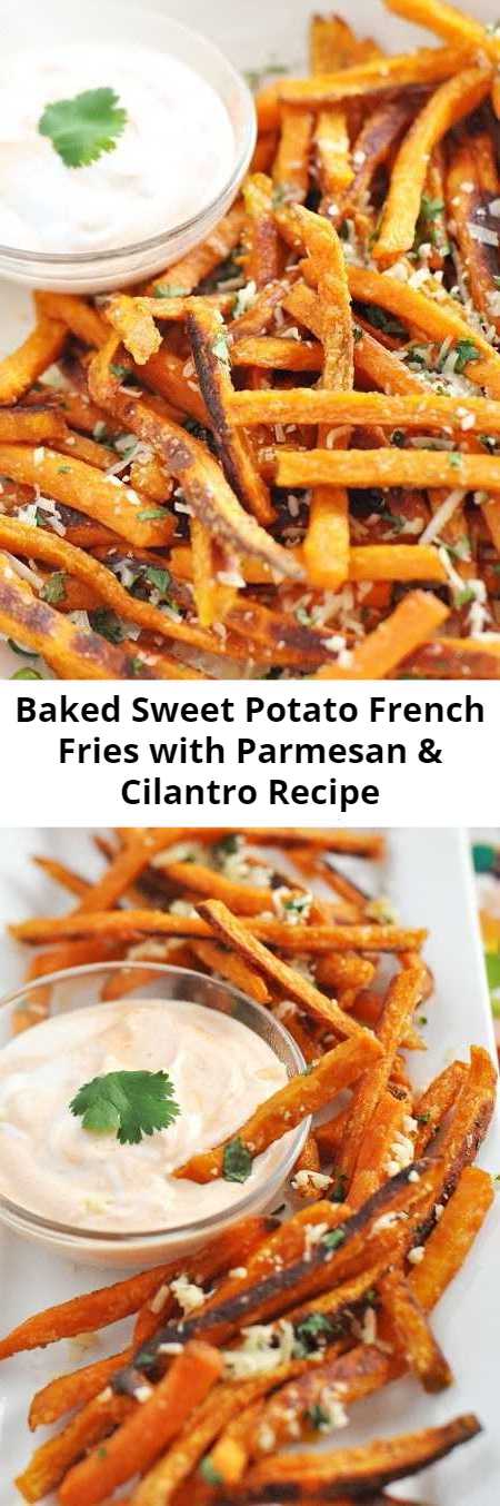 Baked Sweet Potato French Fries with Parmesan & Cilantro Recipe - These sweet potato fries will change your life. I’m serious! They are salty-sweet, crunchy, and spicy if you wish. Baked sweet potato fries have been one of my favorite snacks. These crispy fries beat their fast-food fried Russet cousins in simplicity and ease. They require fewer cooking steps because they’re baked rather than fried.