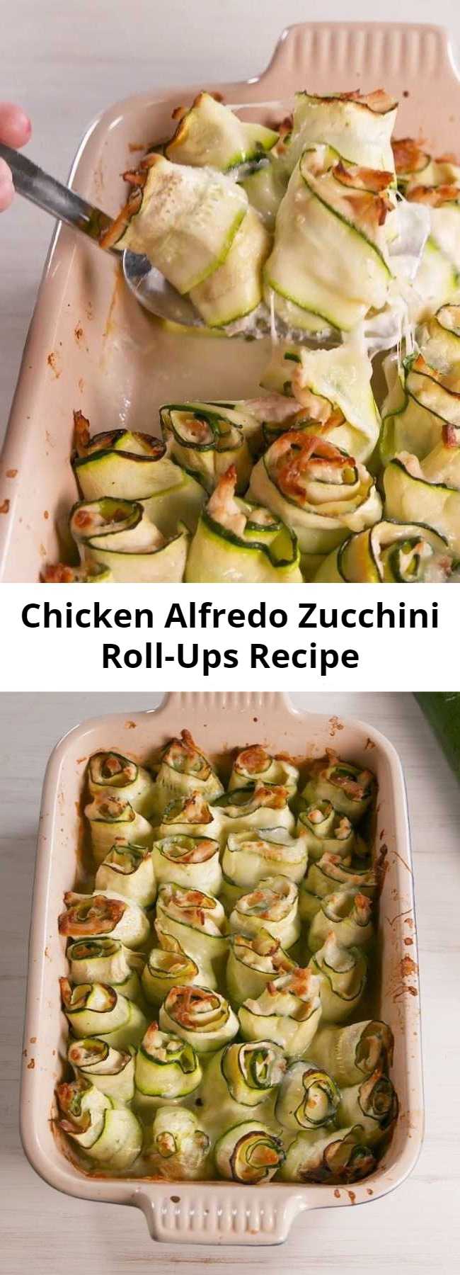 Chicken Alfredo Zucchini Roll-Ups Recipe - Bite-size everything! #food #easyrecipe #dinner #familydinner #healthyeating