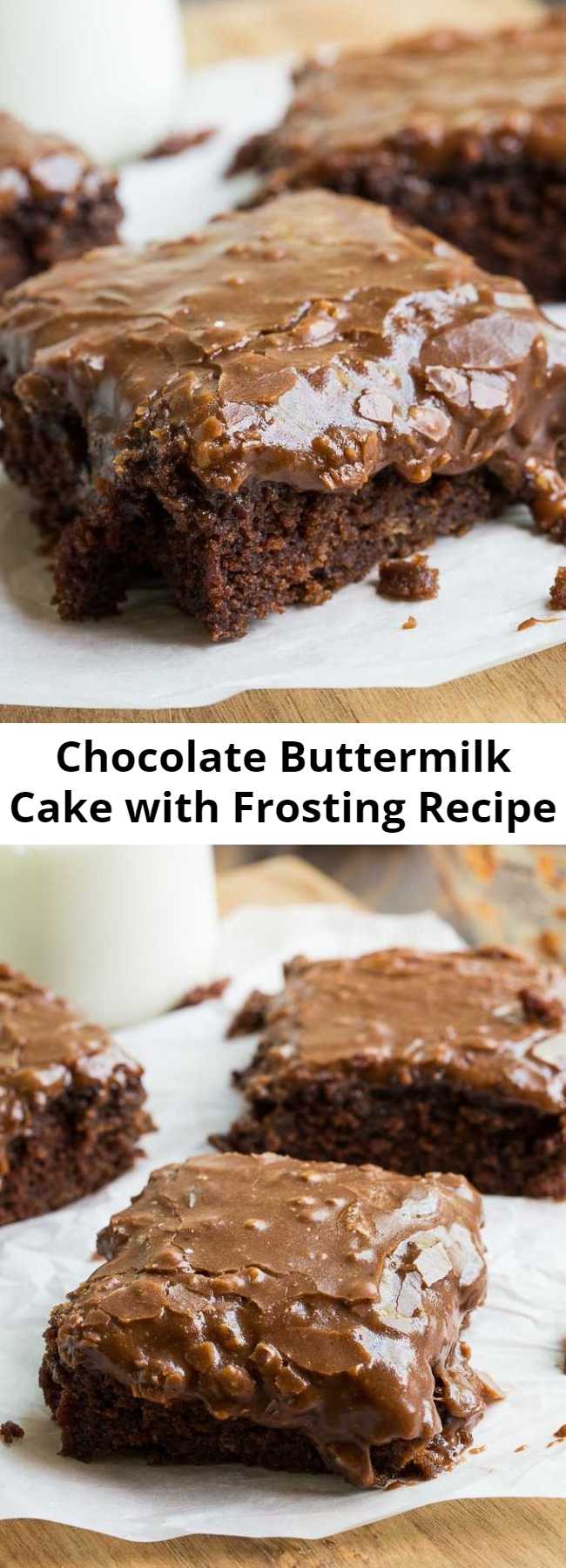 Chocolate Buttermilk Cake with Frosting Recipe - A moist and chocolaty buttermilk cake topped with a sweet and fudgy chocolate buttermilk frosting with pecans. A simple, old-fashioned dessert that never goes out of style because it's so darn good.