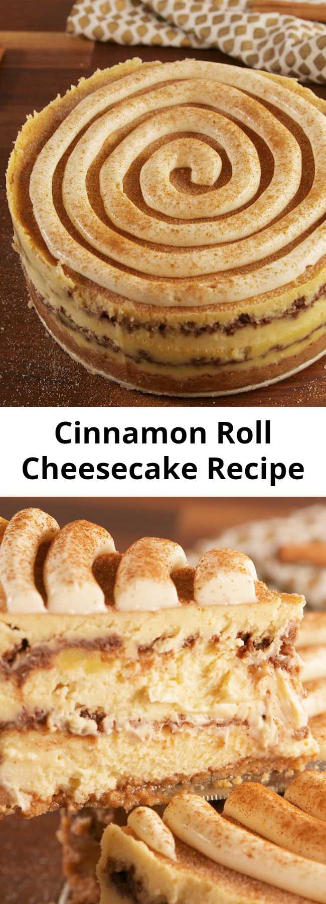 Cinnamon Roll Cheesecake Recipe - The inside of this cheesecake though. #easyrecipe #dessert #cheesecake #baking