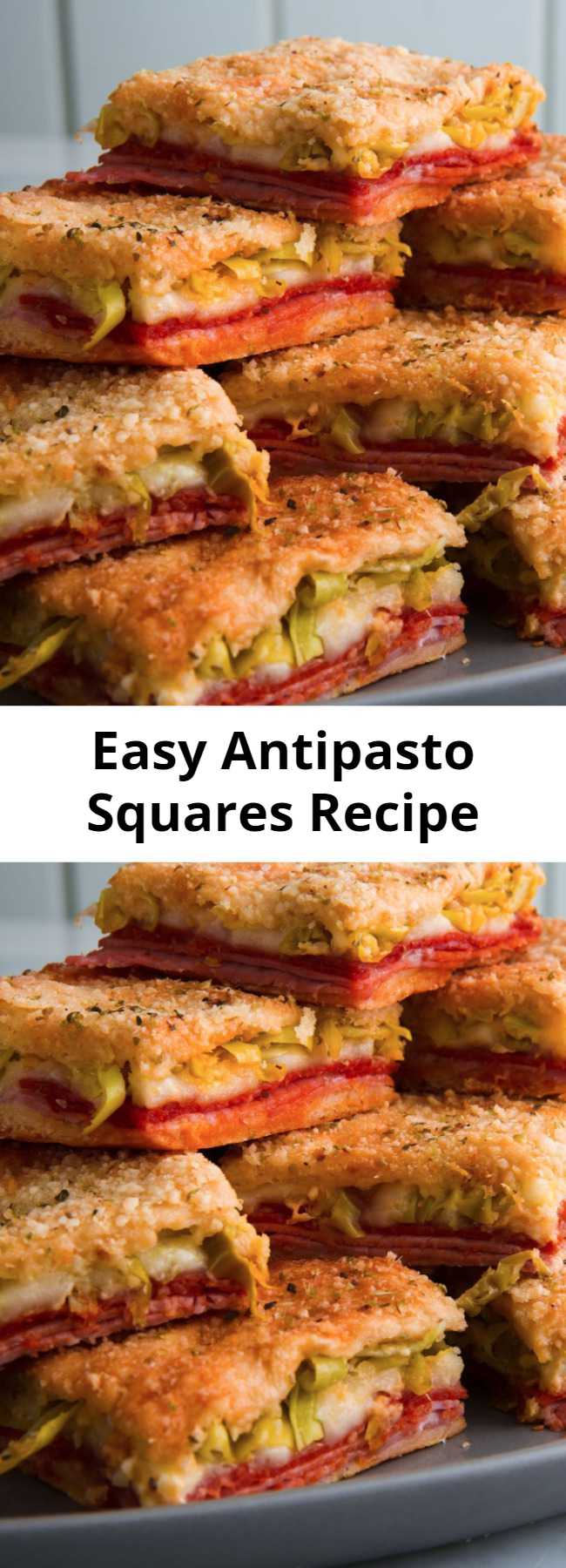 Easy Antipasto Squares Recipe - Turns out an antipasto salad like this gets even better when you layer it between crescent sheets and we aren't mad about that at all. #easy #recipe #antipasto #pizza #squares #bites #superbowlrecipe #superbowl #gameday #appetizer #snack #cheese #crescentroll #easyrecipes #mozzarella #provolone #pepperoni #ham #peppers