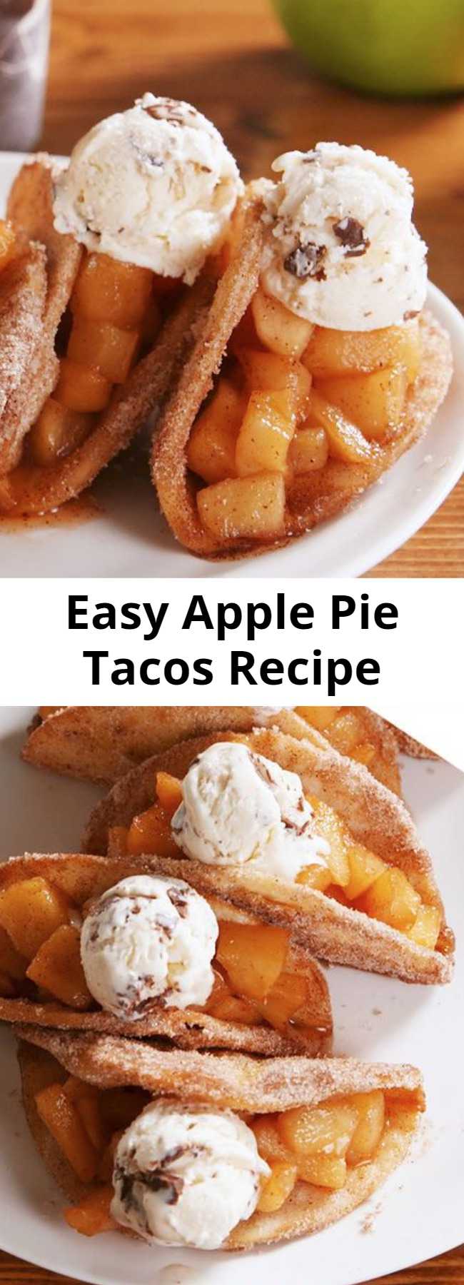 Easy Apple Pie Tacos Recipe - Don't be intimidated by the frying! It's actually easy. Once the tortilla hits the hot oil, it crisps up and keeps it shape quickly. Just know you'll need to use your tongs pretty much the whole time. #applepie #desserttacos #applepierecipes #apple #cinnamon #fruitdesserts #vanillaicecream