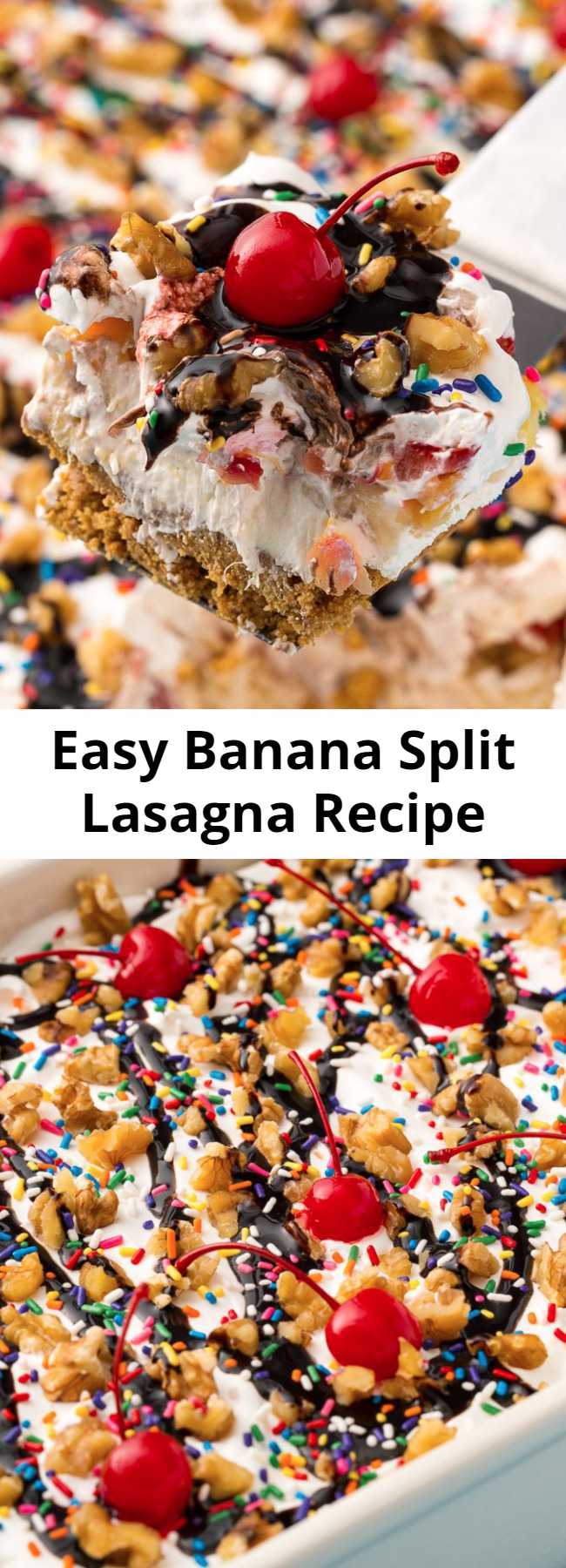 No-Bake Banana Split Lasagna Recipe -  Looking for a fun summer dessert? This Banana Split Lasagna is the best! This no-bake dessert is hands down the most fun way to eat a banana split.