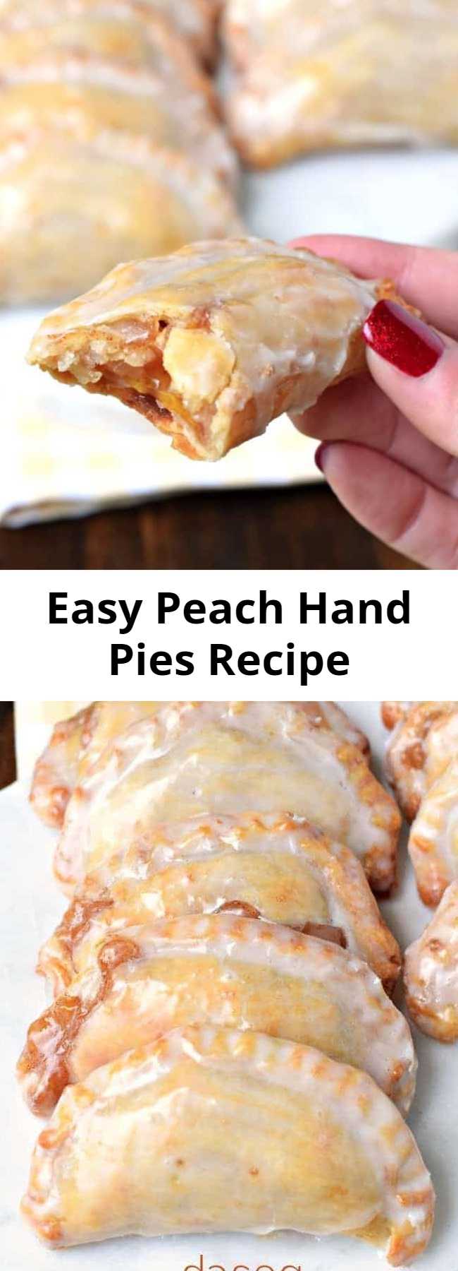 Easy Baked Peach Hand Pies Recipe - Dessert is ready in 30 minutes with these Glazed Peach Hand Pies! The flaky crust and spicy cinnamon filling are the perfect combo in a hand pie, plus they're baked not fried! #handpies #piefilling #peach #dessert