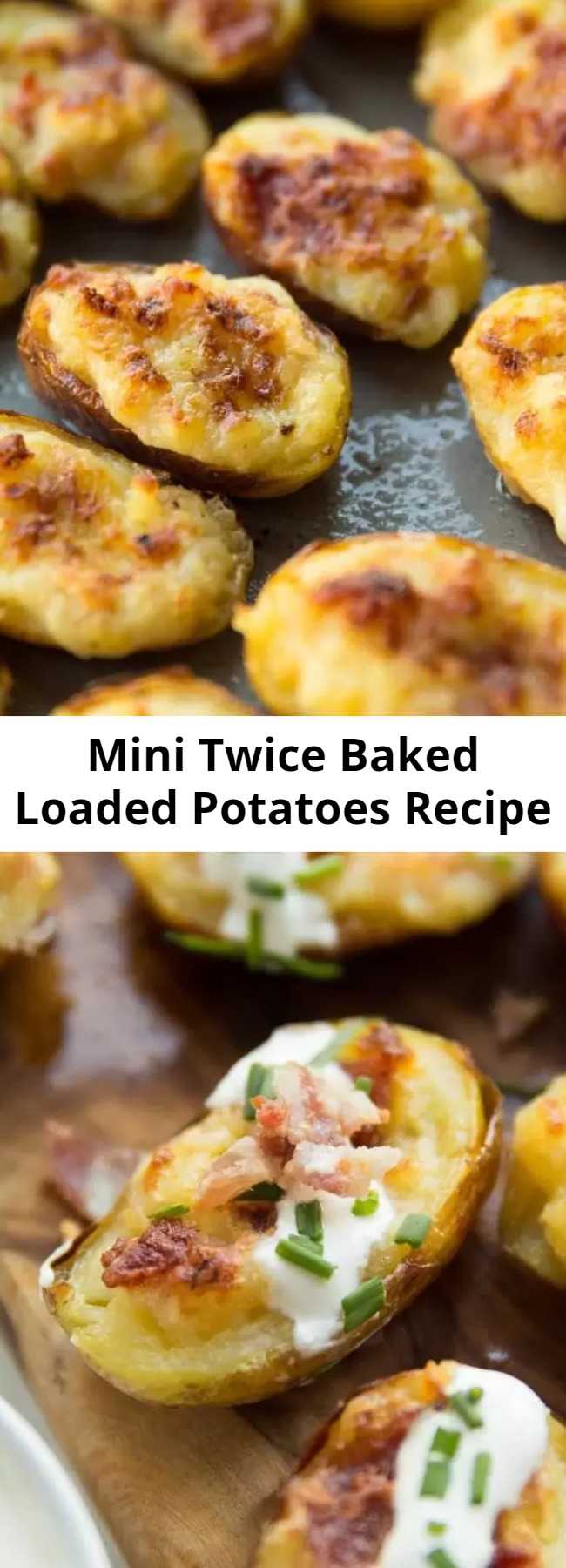 Easy Mini Twice Baked Loaded Potatoes Recipe - These Mini Twice Baked Potatoes are loaded with bacon and served with sour cream and fresh chives. Say hello to your new favourite finger food! #cheese #bacon #potato #loadedpotatoes