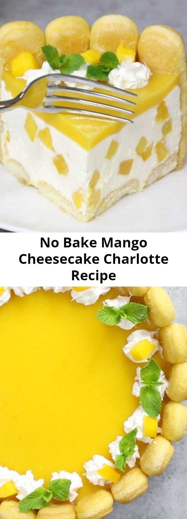 No Bake Mango Cheesecake Charlotte Recipe - Mango Cheesecake Charlotte is an irresistible no bake dessert with a ladyfinger crust, creamy cheesecake filling and a mango glaze on top. It’s a refreshing make-ahead dessert bursting with fruity flavor and perfect for a party. #MangoCheesecake #NobakeCheesecake