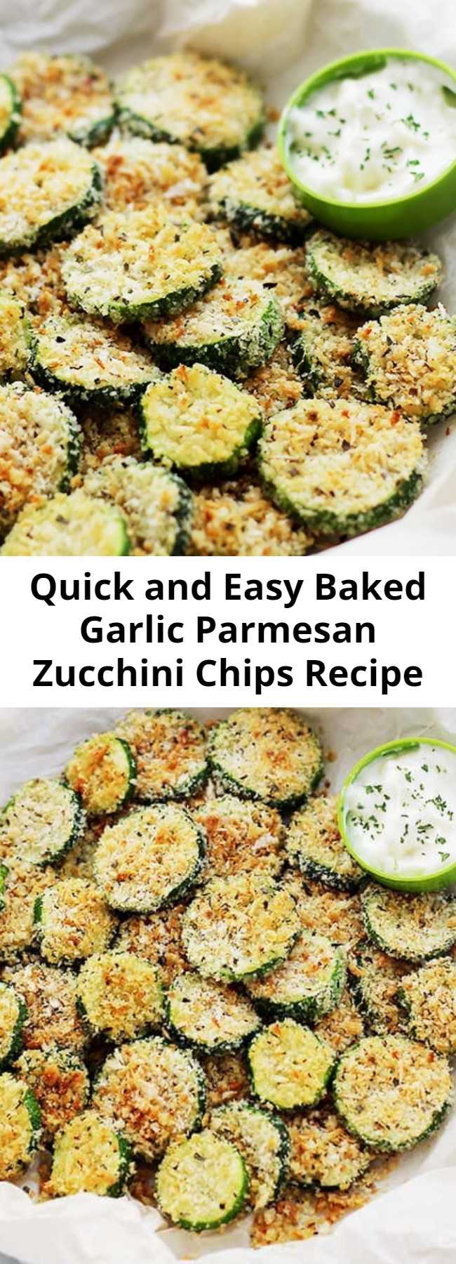 Quick and Easy Baked Garlic Parmesan Zucchini Chips Recipe - Crispy and flavorful baked zucchini chips covered in seasoned panko bread crumbs with garlic and Parmesan. #zucchini #chips #healthyrecipes