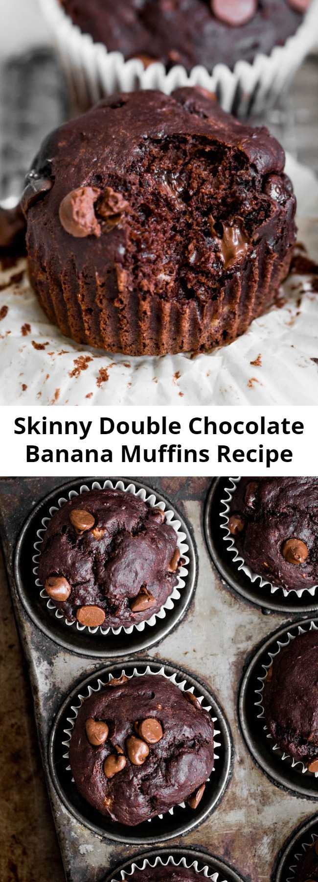 Skinny Double Chocolate Banana Muffins Recipe - Healthy double chocolate banana muffins made with whole grains and greek yogurt. No added sugar so you can feel good having chocolate for breakfast!