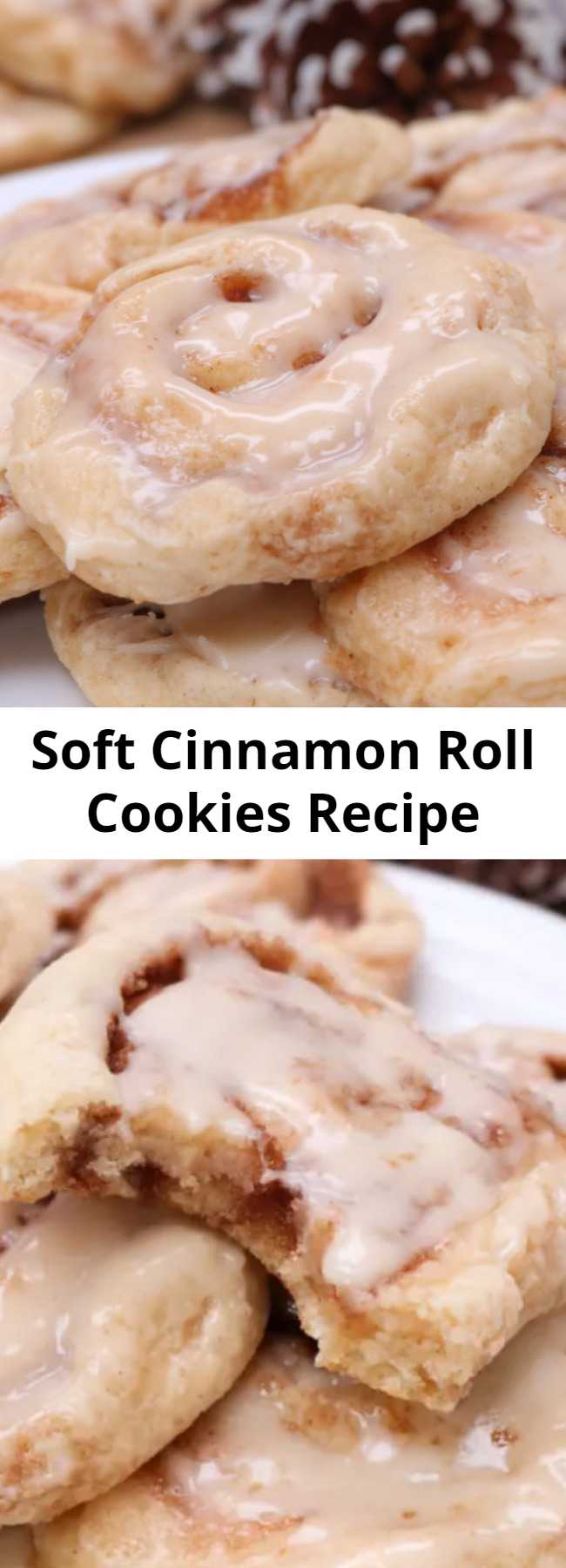 Soft Cinnamon Roll Cookies Recipe - A soft sugar cookie reminiscent of a cinnamon roll! Glazed with cream cheese glaze with swirls of cinnamon sugar. #cookies #cinnamonroll #soft #fluffy #desserts #homemade #chewy