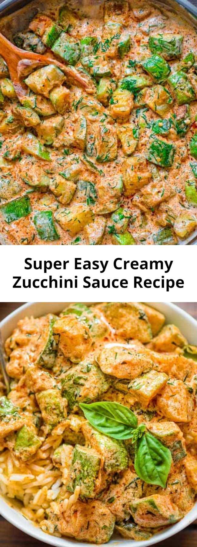 Super Easy Creamy Zucchini Sauce Recipe - This Creamy Zucchini Sauce is bursting with flavor! Made with paprika-roasted zucchinis, sour cream, garlic, and fresh herbs, it tastes great with pasta, over rice, or just with a slice of bread. #zucchini #dinner #lunch #whole30 #keto #ketosis #ketorecipe #vegetarian #mealprep #healthyrecipe