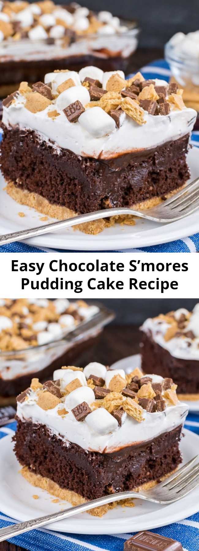Easy Chocolate S’mores Pudding Cake Recipe - A graham cracker crust, chocolate pudding, and a marshmallow topping make this Chocolate S'mores Pudding Cake the perfect summer dessert.