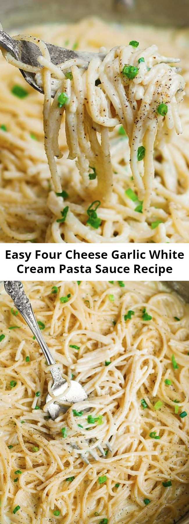 Easy Four Cheese Garlic White Cream Pasta Sauce Recipe - Simple ingredients, easy cooking instructions. This Creamy Garlic Spaghetti Sauce uses the 4-cheese blend which includes Mozzarella, White Cheddar, Provolone, Asiago cheeses. This white cheese creamy pasta can be served as is, as side dish, or with grilled meats and veggies. Super versatile and easy-to-make!