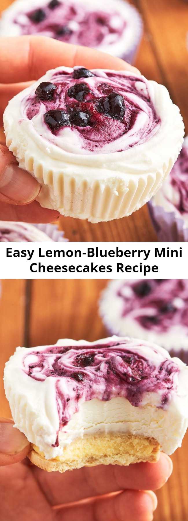 Easy Lemon-Blueberry Mini Cheesecakes Recipe - Mini cheesecakes, MASSIVE flavor. These Lemon Blueberry Mini Cheesecakes are the perfect tiny dessert to satisfy your sweet tooth without going overboard. #lemon #blueberry #lemonblueberry #cheesecakes #minidesserts #cheesecakedesserts #partydesserts