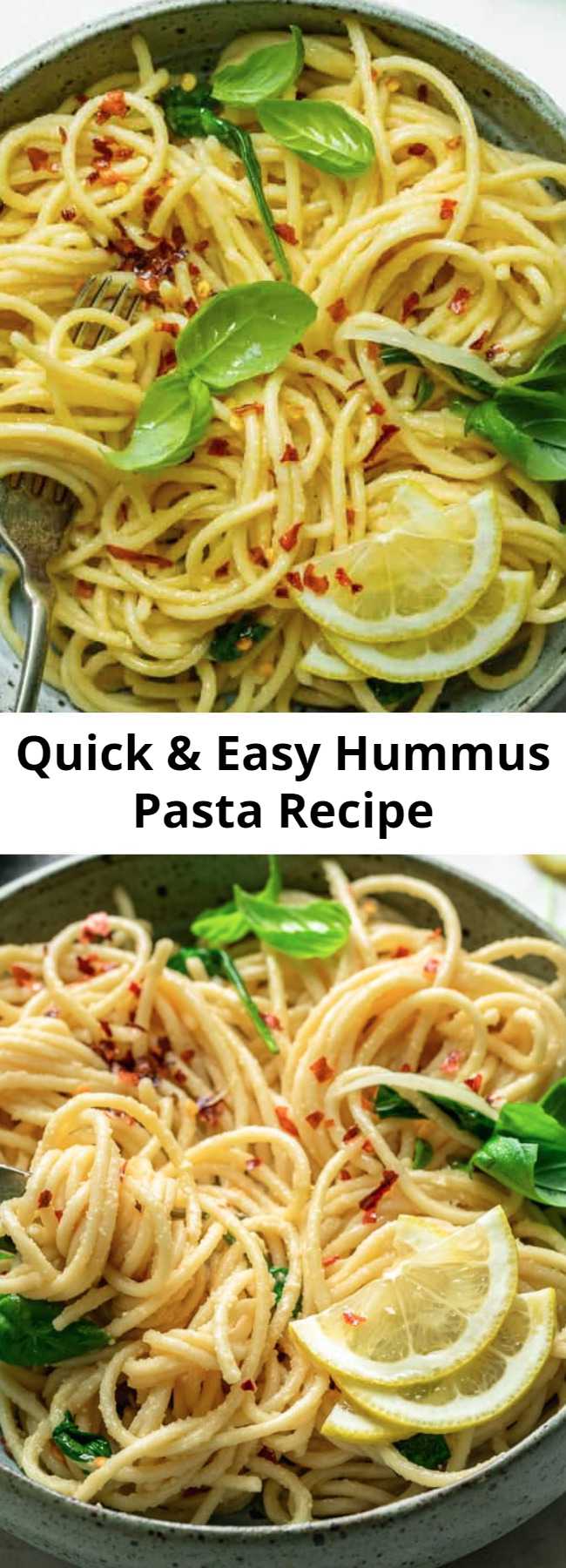 Quick & Easy Hummus Pasta Recipe - This creamy vegan Hummus Pasta is a healthy Mediterranean inspired recipe! It's all made in one pot and ready in 15 minutes - perfect for a weeknight meal! #vegan #dinner #weeknight