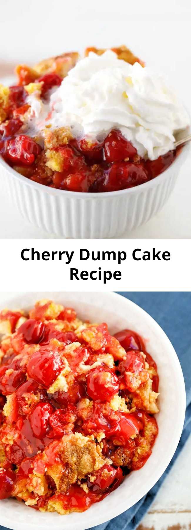 This sweet and delicious cherry dump cake recipe is the perfect simple dessert. Don't forget the scoop of ice cream or whipped cream on top! This is such a wonderful and easy dump cake recipe. I make it all the time! #Easy #Dessert #DumpCake #EasyRecipes