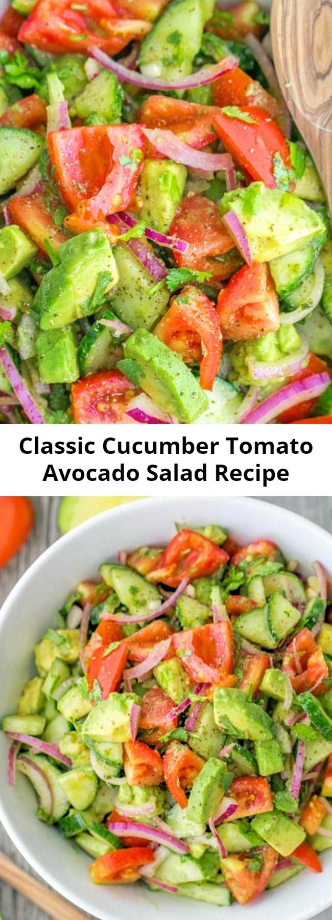 Our favorite classic cucumber and tomato salad just got better with the addition of avocado, a light and flavorful lemon dressing and the freshness of cilantro. Easy, excellent avocado salad.