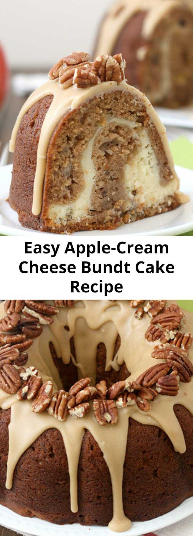 Easy Apple-Cream Cheese Bundt Cake Recipe - This bundt was the perfect dessert to kick off apple season; I could not get enough! In addition to diced apples interspersed throughout the cake, there's also applesauce in the batter for double the apple goodness. The thick pocket of cream cheese in the center is to die for, but my favorite was the sweet praline frosting on top of the cake. Dig in for dessert, or enjoy a slice for breakfast - you can't go wrong either way.