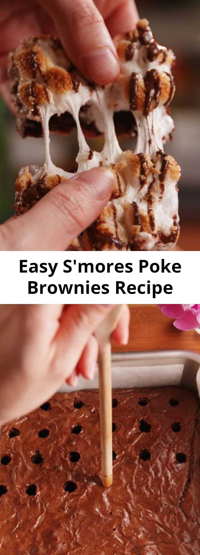 Easy S'mores Poke Brownies Recipe - Just when we thought we had seen every type of s'more possible this one blew us away. Brownies get poked AND topped with marshmallows and then drizzled with chocolate. We are in love.