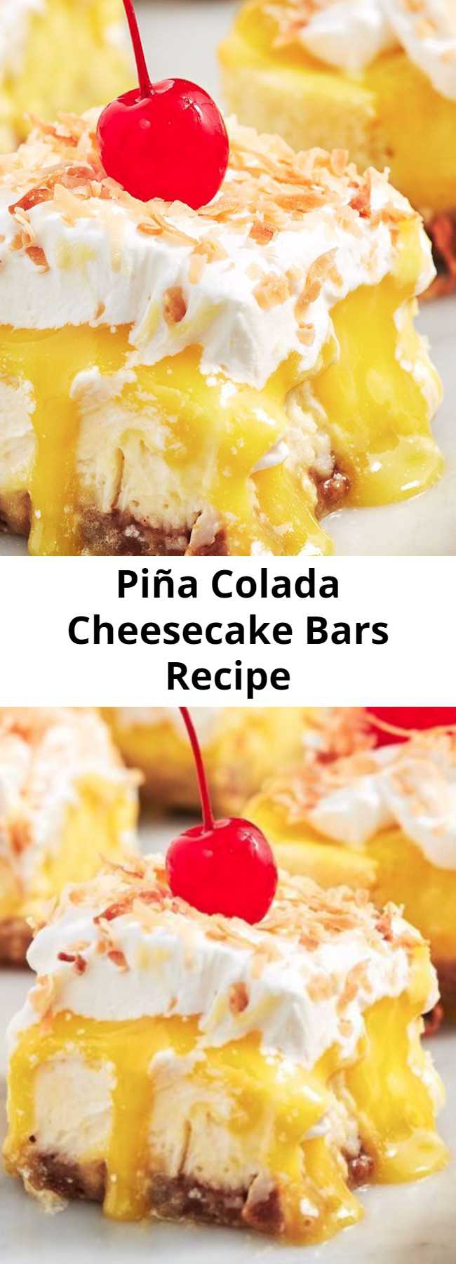 Piña Colada Cheesecake Bars Recipe - The pineapple curd on these bars is TOO good. One bite will transport you to the beach, piña colada in hand. 😎