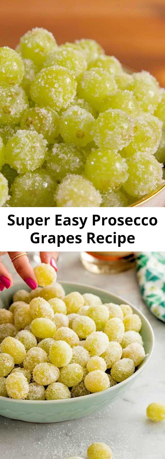 Super Easy Prosecco Grapes Recipe - These Sugared Prosecco Grapes are a super easy dessert recipe! These boozy, fun champagne soaked grapes are perfect for parties, as is or frozen! Give grapes a festive upgrade!