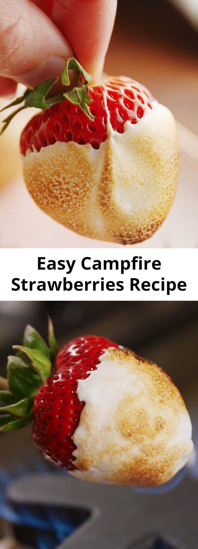 Easy Campfire Strawberries Recipe - If you're obsessed with s'mores, one reason you love them is for the toasted marshmallow flavor. These strawberries have that and so much more. They're dunked in melty marshmallow fluff, then torched over a campfire. They're healthy cuz they're fruit, right?! Check out this super easy for the best campfire strawberries.