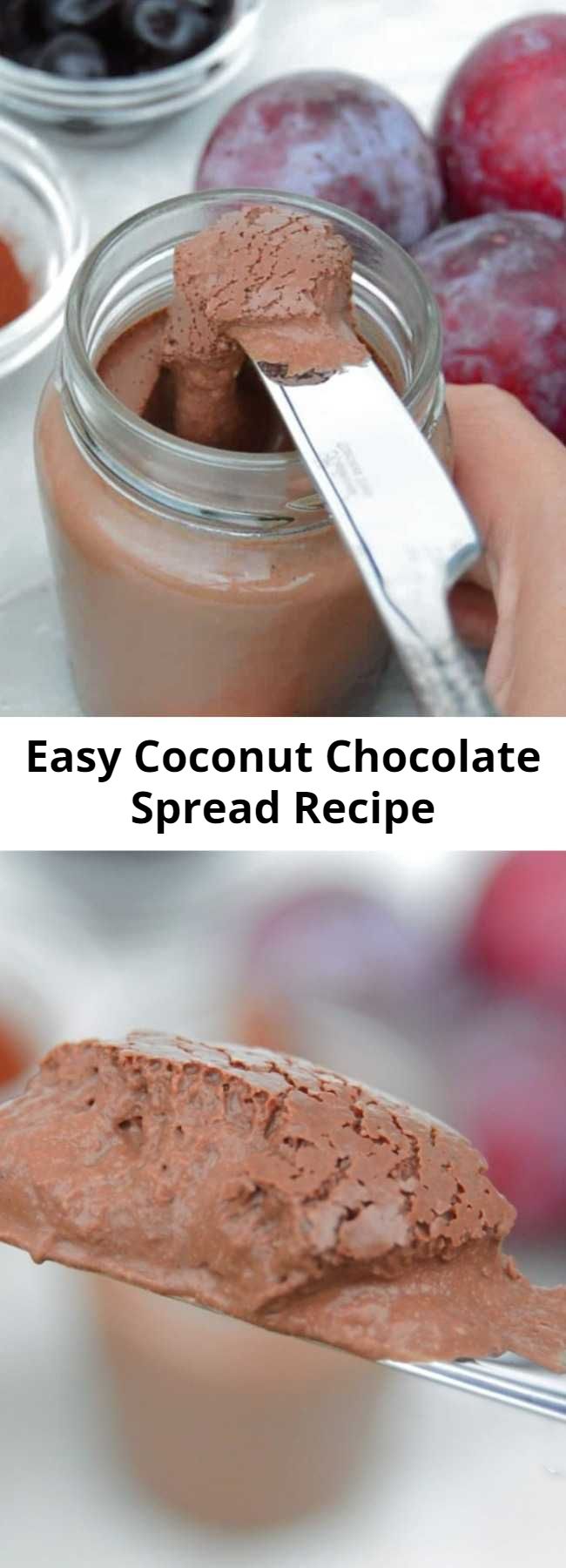 Easy Coconut Chocolate Spread Recipe - Dairy free chocolate spread that takes a few minutes to make. Perfect on hot bread, crackers or just eaten with a spoon. Rich and creamy thanks to coconut that gives an amazing taste and texture. #vegan #chocolate #chocolatespread #veganrecipe
