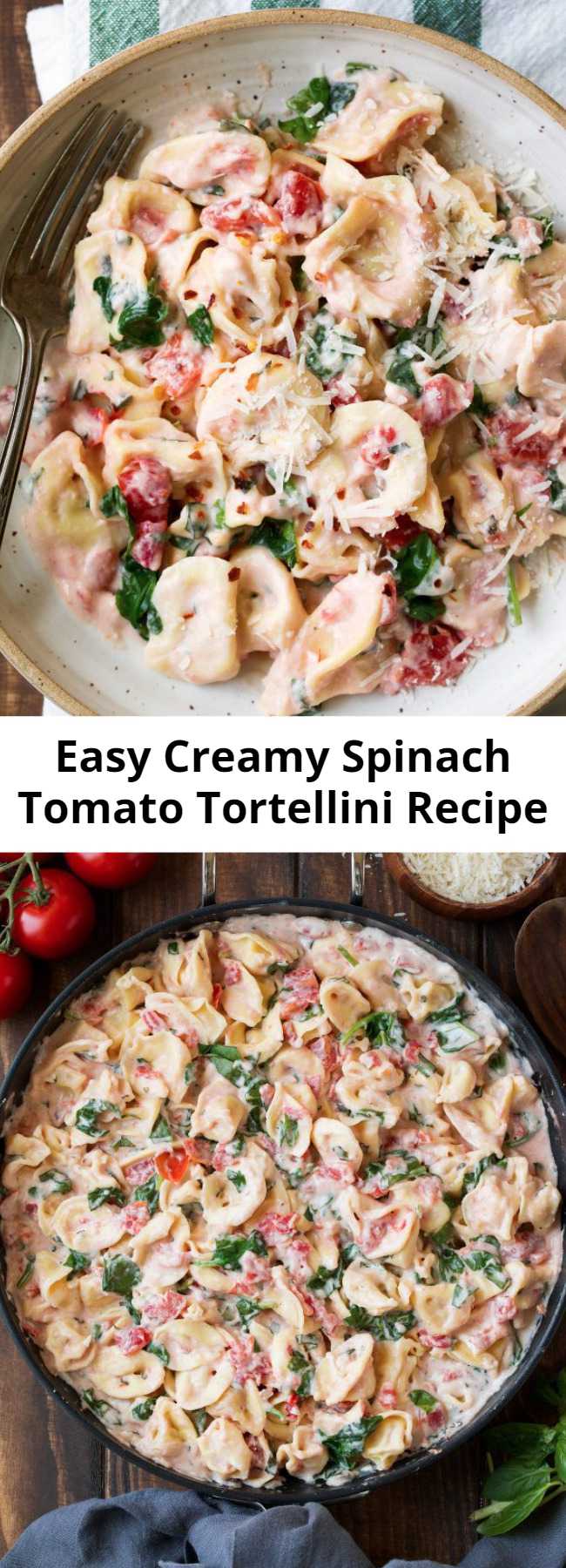 Easy Creamy Spinach Tomato Tortellini Recipe - This Creamy Spinach Tomato Tortellini is so simple and comforting plus its impressive enough to serve to guests when entertaining or to simply curl up with on the sofa. Either way, you'll love it!