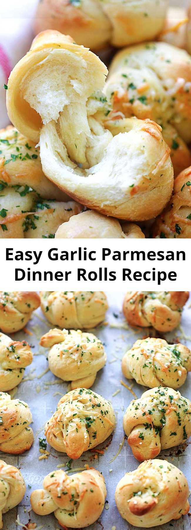 Easy Garlic Parmesan Dinner Rolls Recipe - Homemade garlic Parmesan dinner rolls are the best dinner rolls ever. This recipe is so easy with cotton soft rolls topped with garlic and Parmesan cheese. So good! #baking #dinner