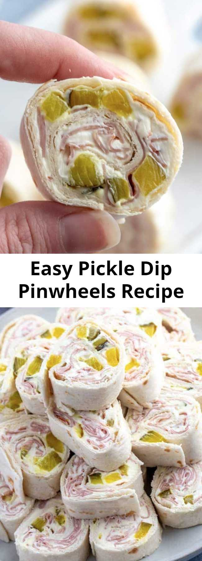 Easy Pickle Dip Pinwheels Recipe - Creamy, crunchy and full of flavor these Pickle Dip Pinwheels are full of cream cheese, sliced ham and diced pickles. The perfect party appetizer. #appetizer #pickles #pinwheels #partyfood #easyrecipe