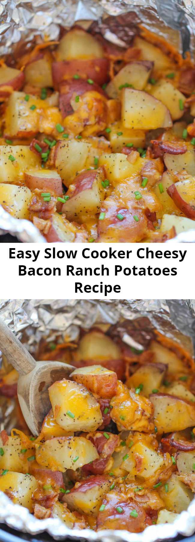 Easy Slow Cooker Cheesy Bacon Ranch Potatoes Recipe - The easiest potatoes you can make right in the crockpot – perfectly tender, flavorful and cheesy!