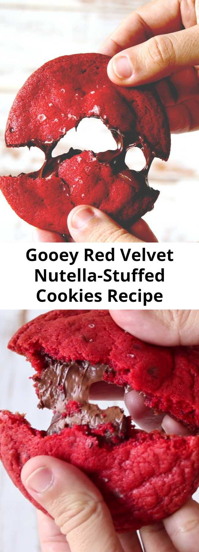 Gooey Red Velvet Nutella-Stuffed Cookies Recipe - Red velvet cookies are even better when they're stuffed with warm melted Nutella. Oh baby! You won't be able to stop at one. So rich and gooey, they speak for themselves.