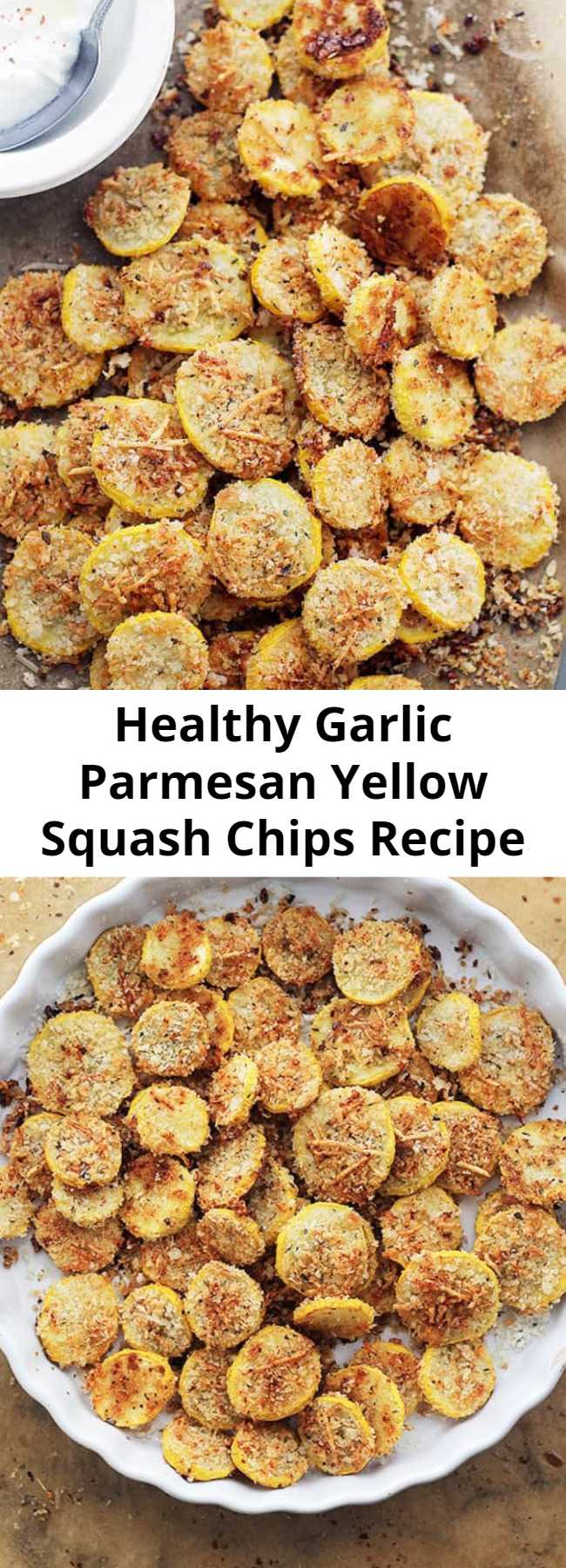 Healthy Garlic Parmesan Yellow Squash Chips Recipe - A healthy snack or appetizer that is incredibly flavorful, crispy, and absolutely delicious! These are BEYOND amazing!