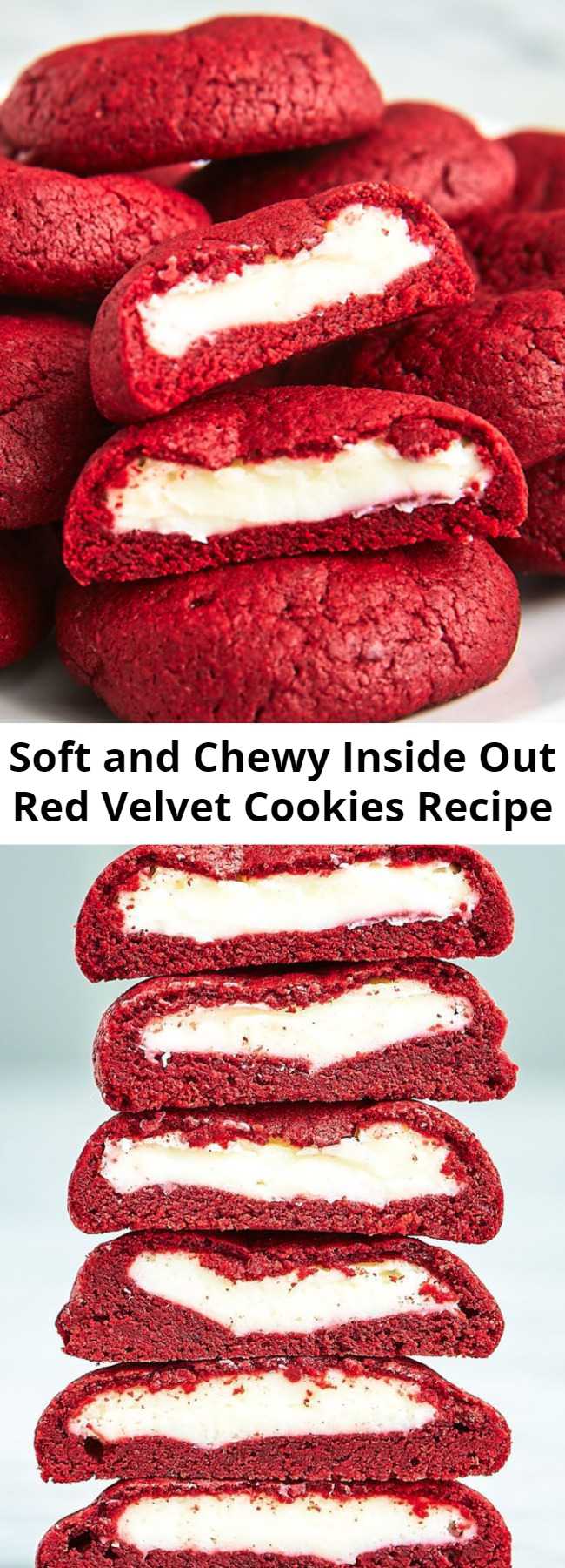 Soft and Chewy Inside Out Red Velvet Cookies Recipe - Get your Red Velvet Cake (frosting and all) in cookie form!  These irresistibly soft and chewy red velvet cookies stuffed with real deal cream cheese frosting, are pretty amazing!