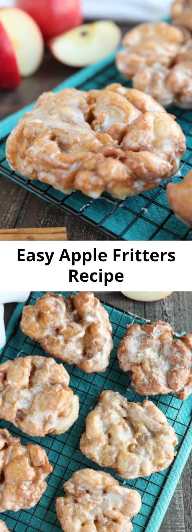 Easy Apple Fritters Recipe - An easy and delicious yeast doughnut with chunks of apples, ground cinnamon, and a sweet glaze.