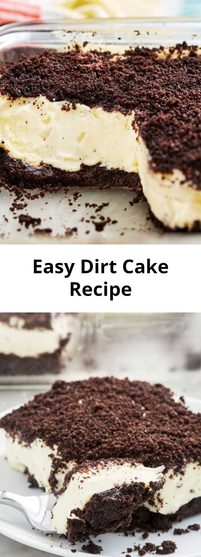 Easy Dirt Cake Recipe - Kids and adults alike will love to dig into this Dirt Cake. Throw some gummy worms on top to make it a little creepier!