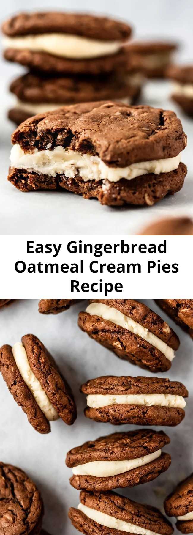 Easy Gingerbread Oatmeal Cream Pies Recipe - Amazing oatmeal cream pies with a gingerbread twist! These perfectly spiced gingerbread oatmeal cookies are sandwiched together with a delicious thick cream filling for the ultimate holiday cookie sandwich. #oatmealcookies #cookies #cookierecipe #baking