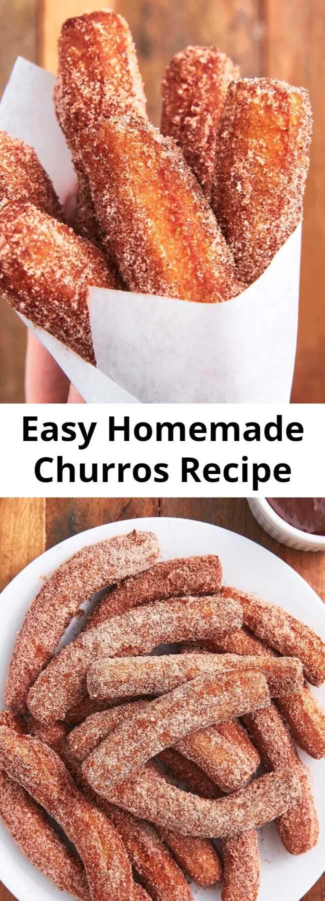 Easy Homemade Churros Recipe - We don't often feel like breaking out all of our oil to fry things. But when you have an easy churro recipe this delicious, it's absolutely worth it. They only take a few minutes to fry and will actually still taste good at room temp, making them a great party dessert! #easy #recipe #churros #dessert #mexicanfood #dessertrecipes #cinnamon #sugar #chocolate