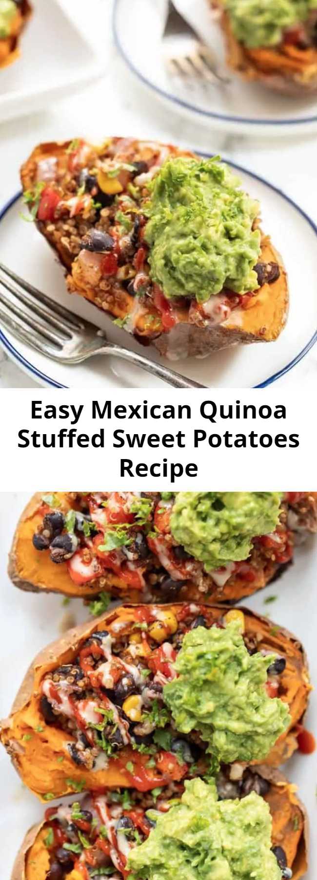 Easy Mexican Quinoa Stuffed Sweet Potatoes Recipe - These Mexican Quinoa STUFFED Sweet Potatoes are the ultimate plant-based meal! Packed with fiber and protein, they're filling, tasty and easy to make! Easy, healthy and so delicious. Stuffed with black beans, quinoa, guacamole, and more healthy ingredients! #stuffedsweetpotatoes #mexicanquinoa #quinoa #quinoarecipe #vegandinner