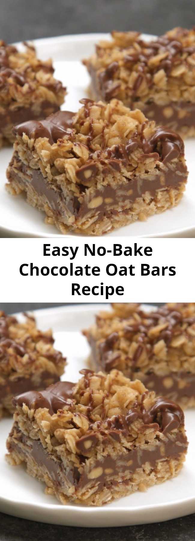 Easy No-Bake Chocolate Oat Bars Recipe - Yum! Delicious, easy, and no need to turn on the oven. Plus, if you want to make a whole bunch of bars ahead of time, you can totally freeze them, too! Just make sure you bring them back to room temperature before enjoying.