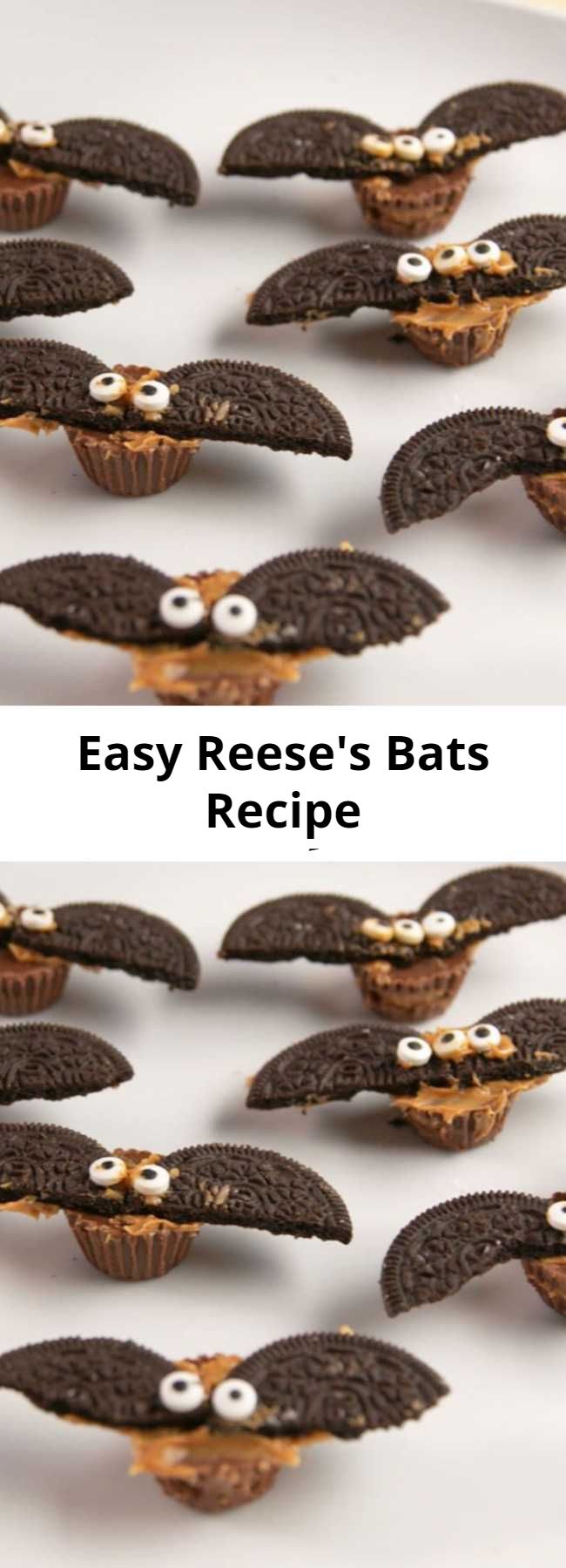 Easy Reese's Bats Recipe - These will fly away at your next Halloween party! #easy #recipe #reeses #bats #halloweenideas #halloween #halloweenfood #candy #chocolate #peanutbutter #oreo