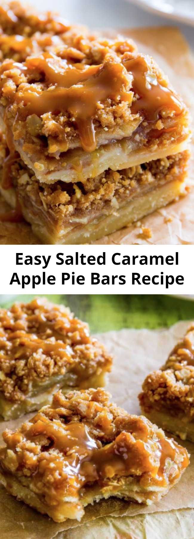 Easy Salted Caramel Apple Pie Bars Recipe - Made with a shortbread crust, spiced apple filling, streusel topping, and homemade salted caramel, apple pie bars are just as delicious as apple pie, but much simpler to make. You’ll love this fun twist on a classic dessert!