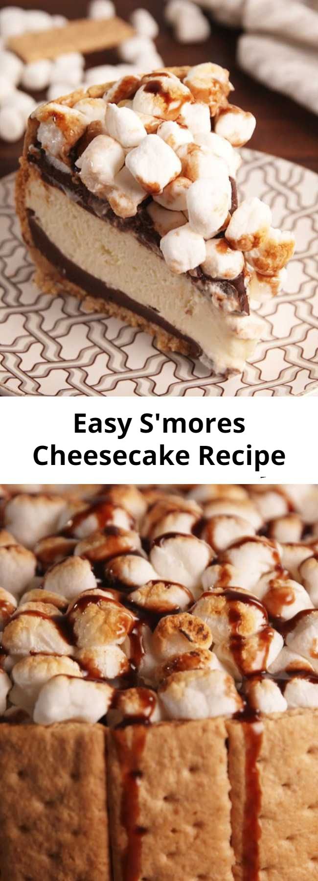 Easy S'mores Cheesecake Recipe - S'mores make everything better, even cheesecake. Take the camping party indoors with this s'mores cheesecake.
