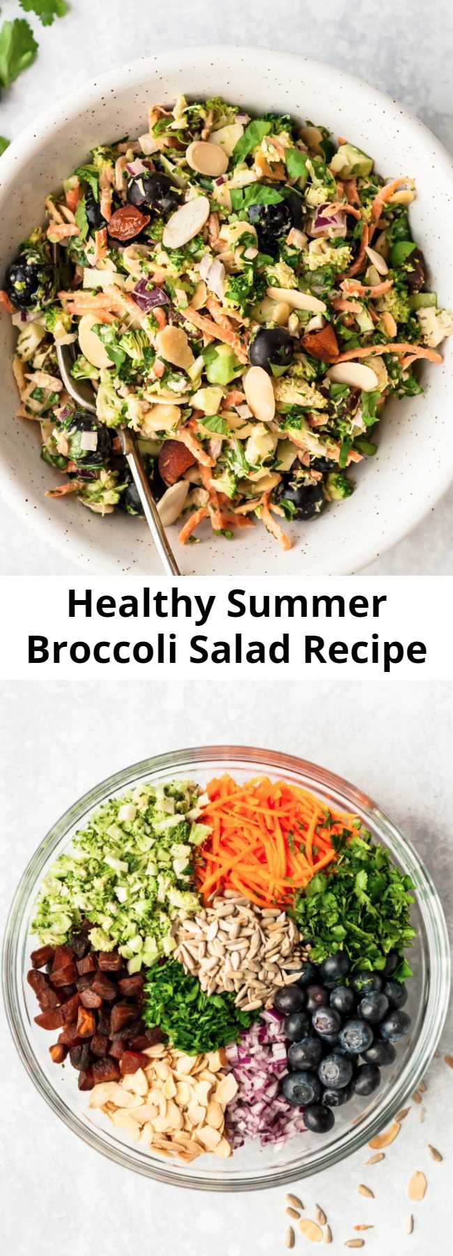 Healthy Summer Broccoli Salad Recipe - Delicious, healthy broccoli salad recipe made with simple ingredients like fresh blueberries, carrots, sweet dried apricots, almonds and sunflower seeds.This easy, vegetarian broccoli salad is tossed in a light tahini dressing and is perfect for summer parties or meal prep! #mealprep #broccoli #broccolisalad #saladrecipe #vegetarian #vegan #veganrecipe #healthysalad #summer