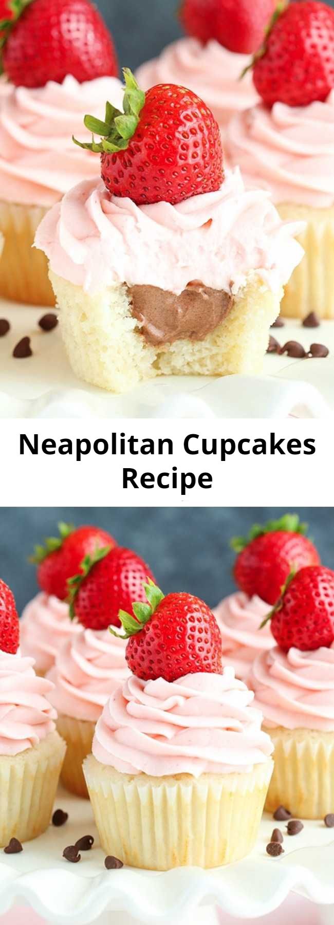 Neapolitan Cupcakes Recipe - Neapolitan Cupcakes made with a vanilla cupcake, chocolate mousse filling and strawberry frosting! The flavors are so perfectly balanced – I love them!