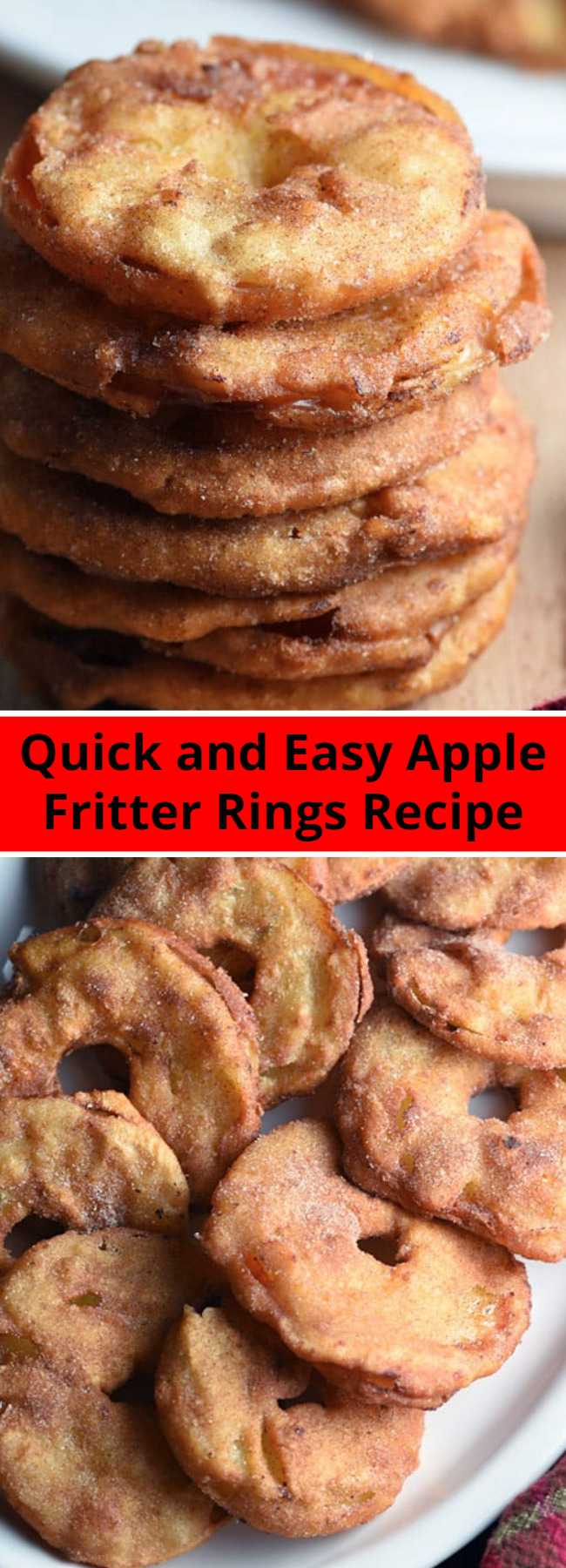 Quick and Easy Apple Fritter Rings Recipe - These Apple Fritter Rings are a fun spin on the popular donut shop Apple Fritter. Like a sweet apple version of an onion ring! #applefritters #applefritterrings #applefritterringsrecipe #appleringsfried