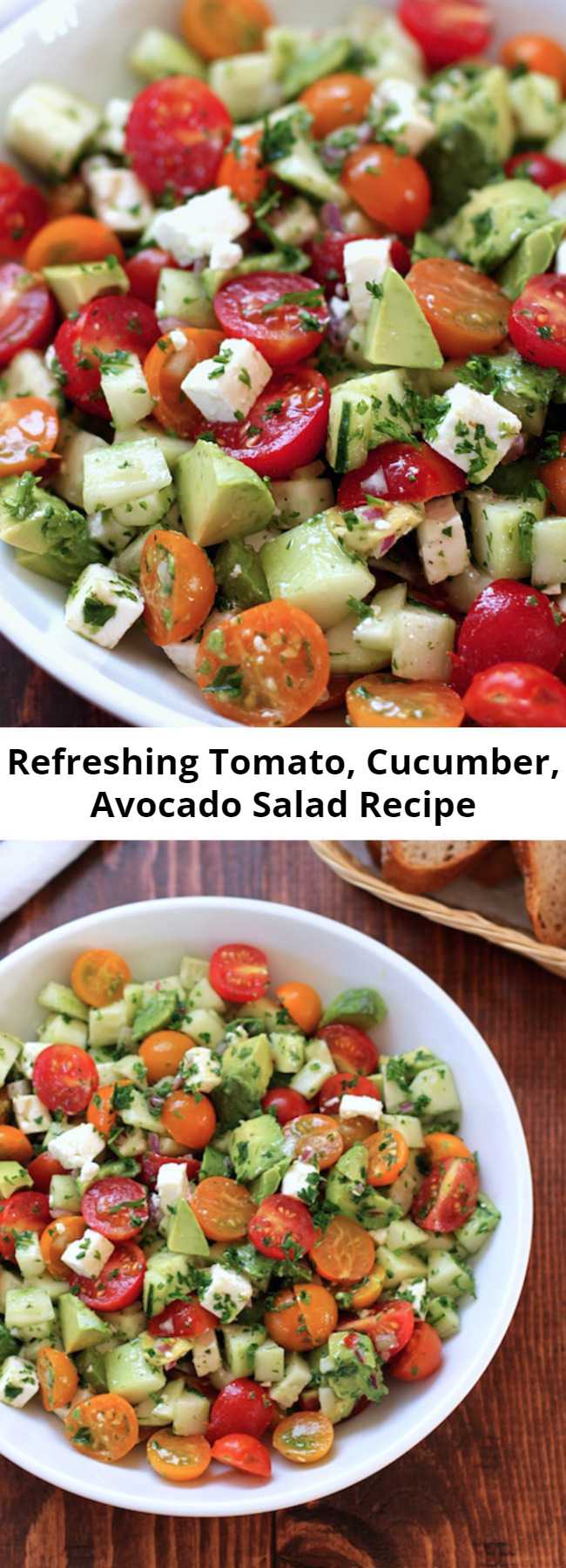 Refreshing Tomato, Cucumber, Avocado Salad Recipe - This tomato, cucumber, avocado salad is an easy, flavorful summer salad.  It’s crunchy, fresh and simple to make.  It’s a family favorite and ready in less than 15 minutes.