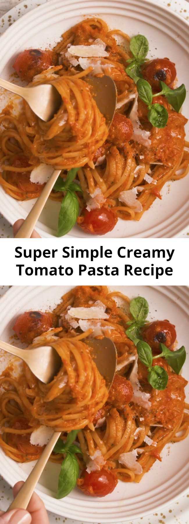 Super Simple Creamy Tomato Pasta Recipe - Roasted tomatoes, red peppers + onions and garlic blended together with some fresh basil leaves and creamy = the most simple yet delicious pasta sauce!