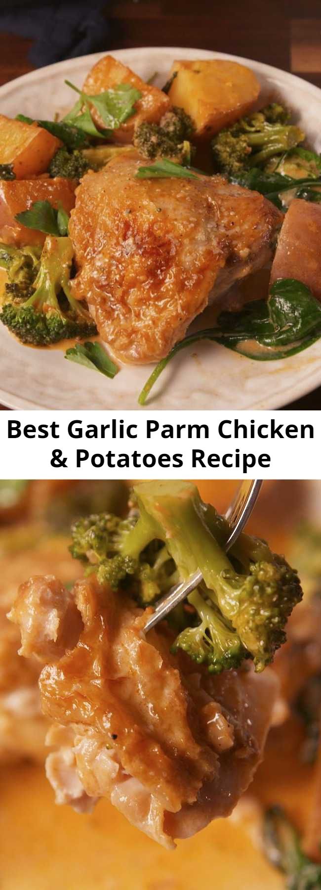 Best Garlic Parm Chicken & Potatoes Recipe - A creamy one pot dish that we are absolutely here for. #food #easyrecipe #easyrecipe #familydinner #chicken